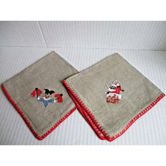 *Vintage Tan Khaki Muslin Holiday Napkins - 7 Asst Christmas Embroidered - Picture 8 of 12